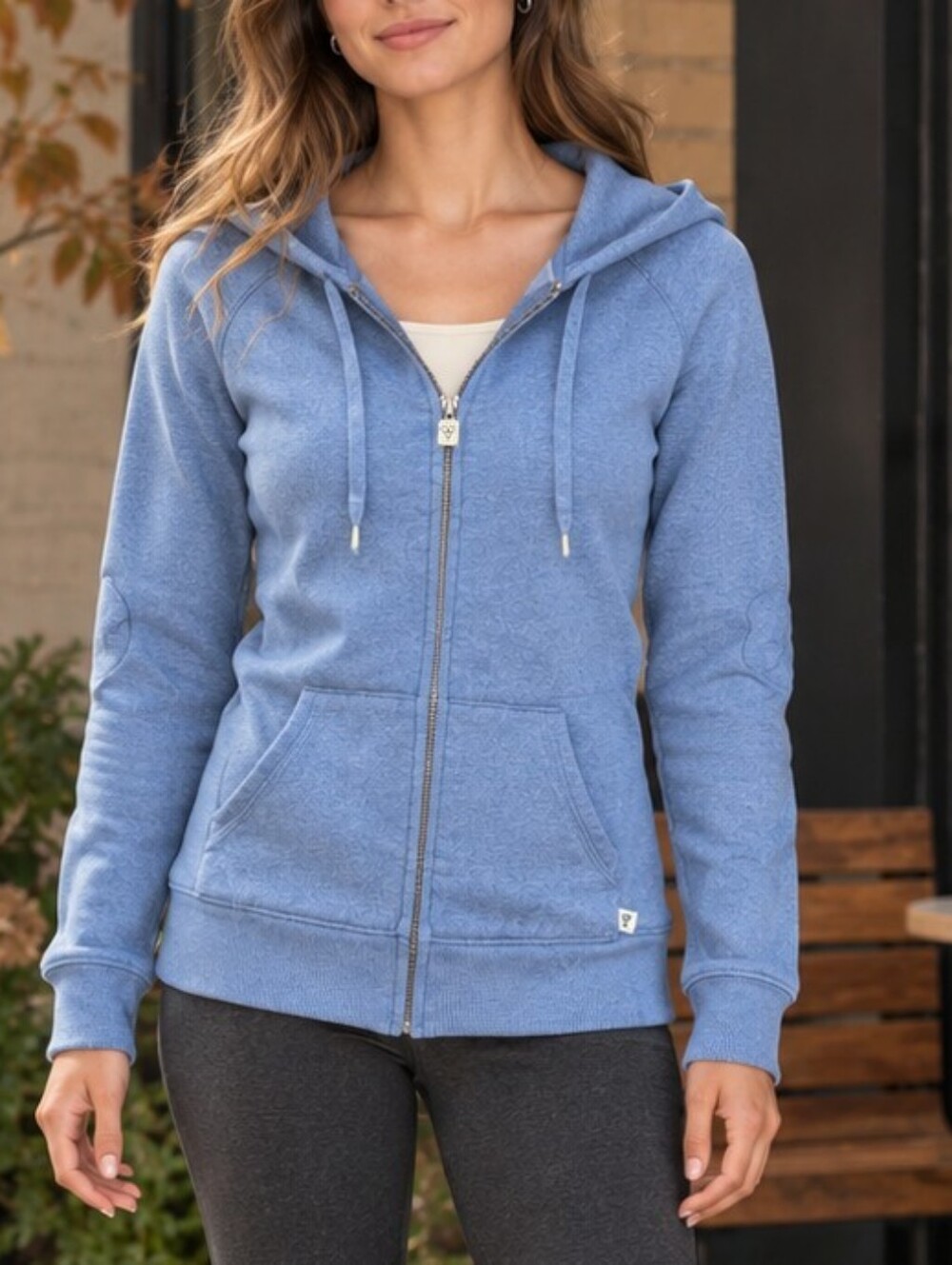 TNA Aritzia Blue Full-Zip Fleece Hoodie Logo Elbow Patches Small Y2K